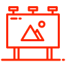 Red outline of a presentation board with a mountain and sun icon