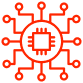 Red digital icon of a microchip connected to circuit lines