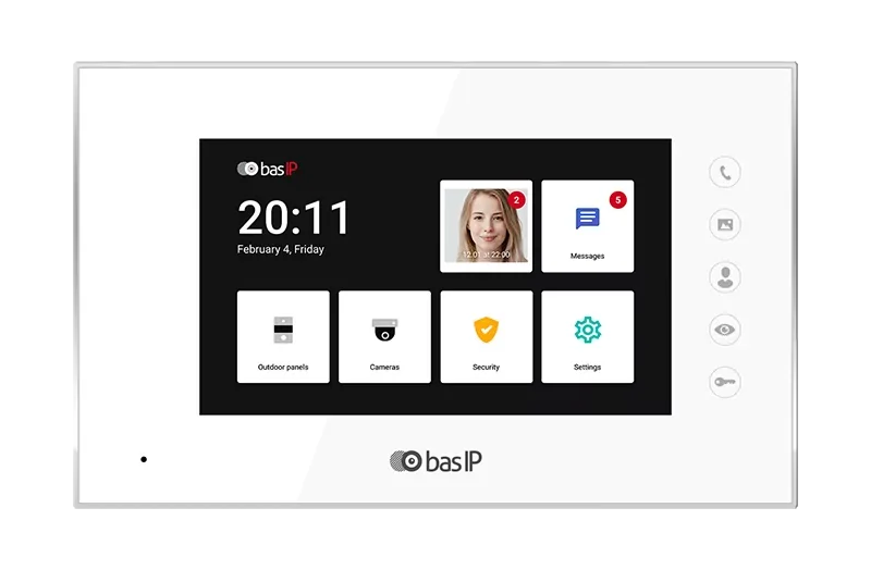 Digital security system control panel displaying time, date, user profile image with notifications, and menu options for outdoor panels, cameras, security, and settings.