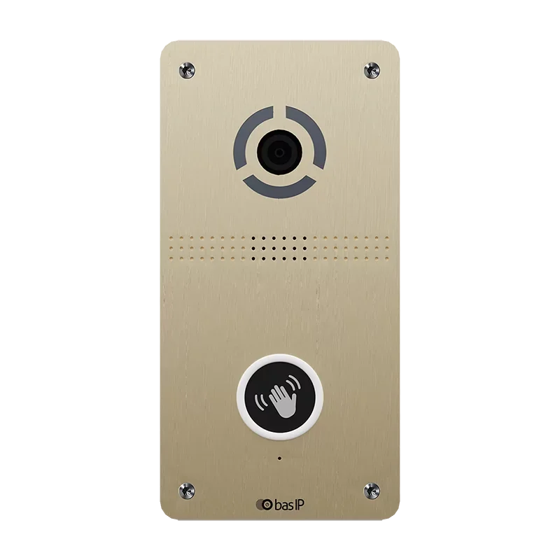 An intercom system with a camera at the top, a speaker area below, and a touchless doorbell button at the bottom.