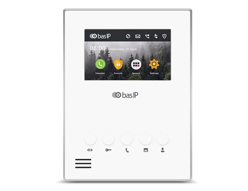 A white wall-mounted home security control panel with a touchscreen display showing the time, date, and icons for intercom, security, service, and settings. Below the screen are four unlabeled round buttons and icons for viewing, key, phone, image, and user.