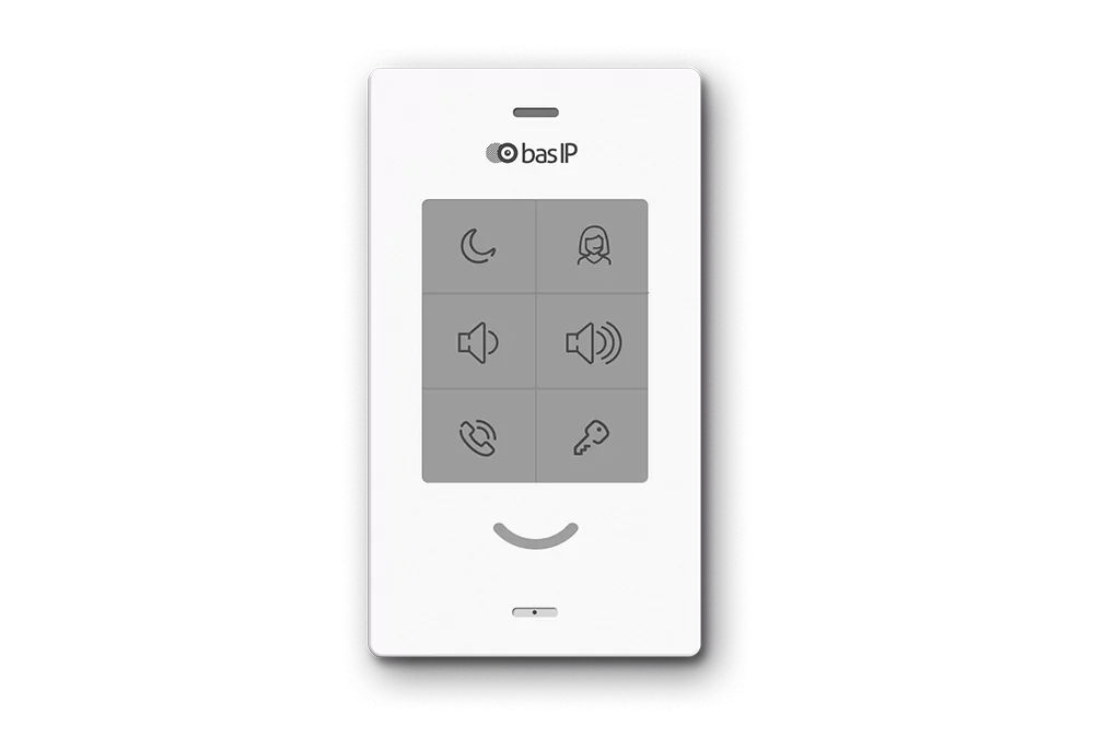 A digital interface device with six icons, including a moon, person, speaker, volume, phone, and key, labeled 'bas IP'.