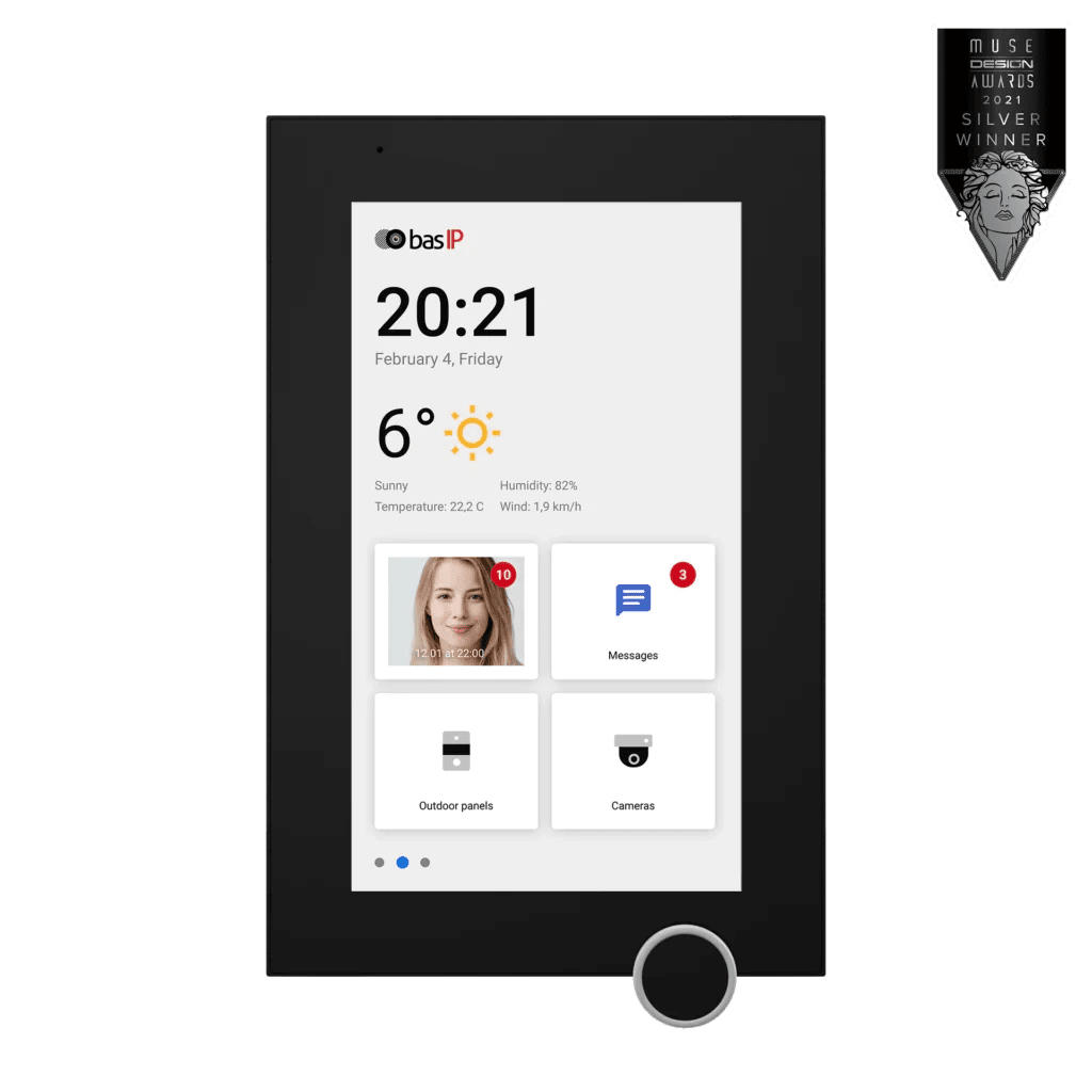 Smart home control panel displaying time, date, weather, notifications, and options for outdoor panels and cameras.