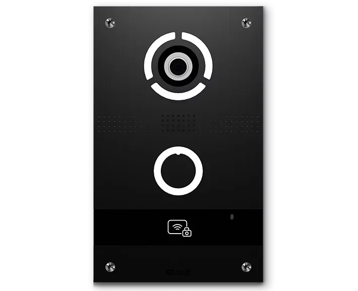 Black intercom with circular speaker and button, Wi-Fi lock icon, on a green background.