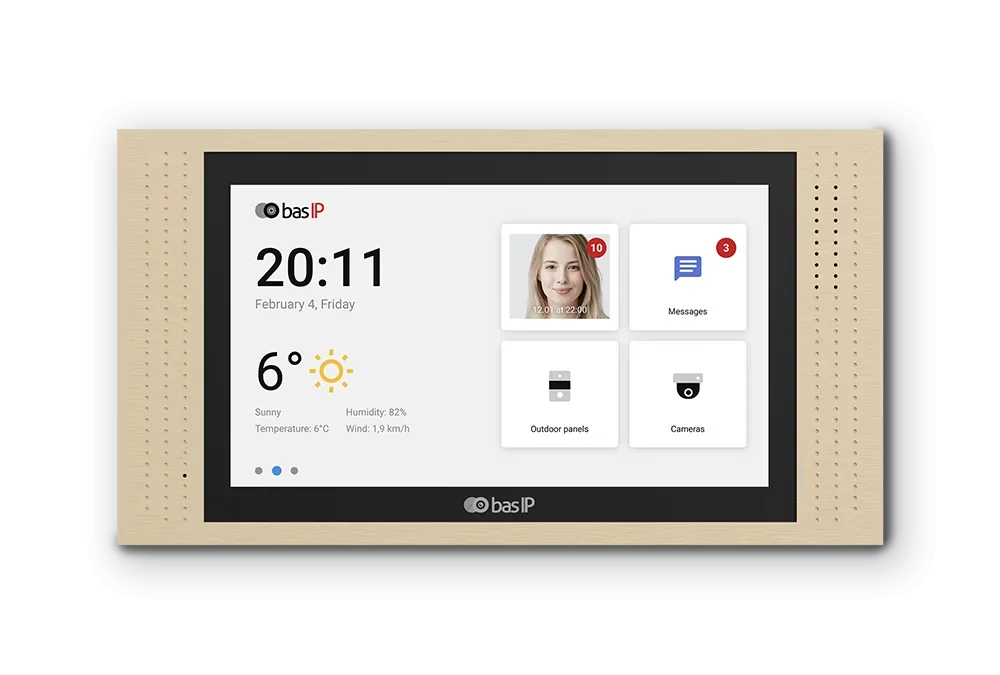 Smart home control panel with weather, time, date, messaging, camera, and outdoor system options.