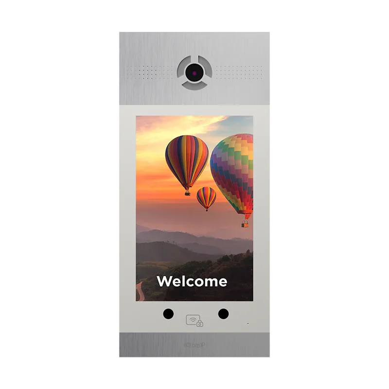 A doorbell camera displaying a screen with a scenic view of colorful hot air balloons floating at sunset over a landscape, with the word "Welcome" at the bottom.