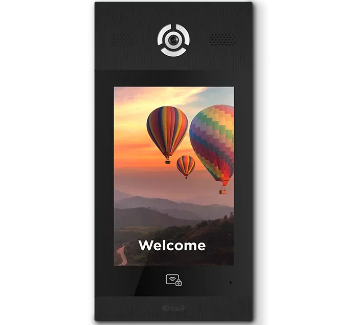 A digital doorbell camera with a screen displaying an image of three colorful hot air balloons floating over a scenic landscape at sunset and the word "Welcome" on the screen.