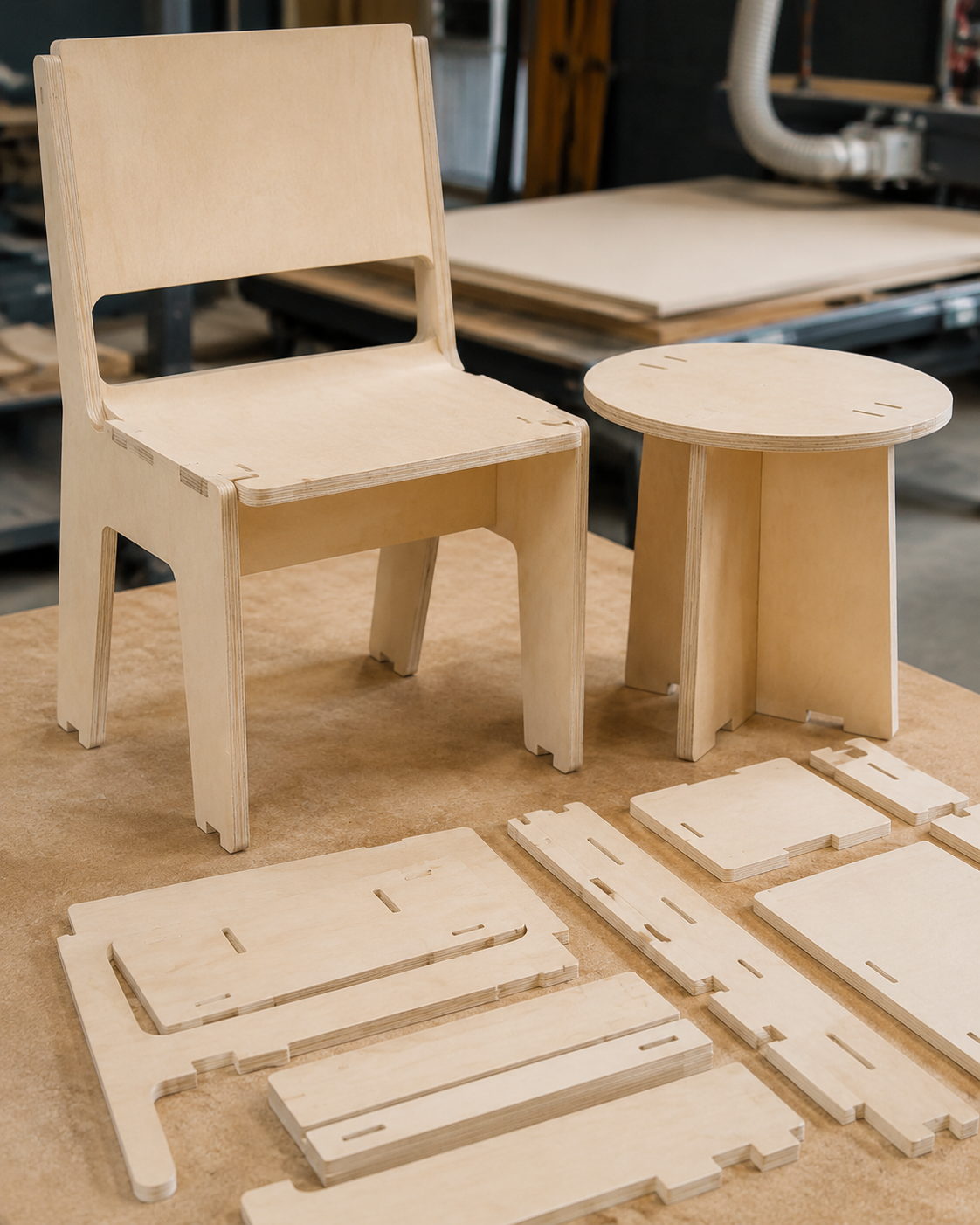Unfinished wooden chair and small table in a woodworking shop, with additional wooden parts laid out on a work surface.