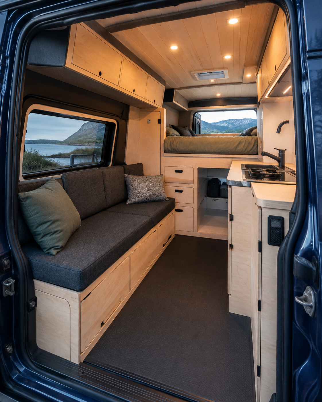 Interior of a converted camper van with a brown couch, a window with scenic mountain and lake view, a small kitchen with a sink and stove, and a sleeping area above the kitchen with a bed and window, all illuminated by recessed ceiling lights.