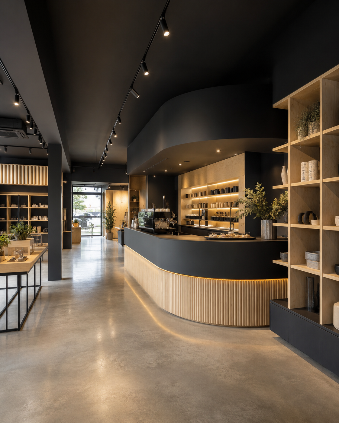 Modern coffee shop interior with black and wooden accents, a curved black counter, and shelves displaying ceramics and plants.