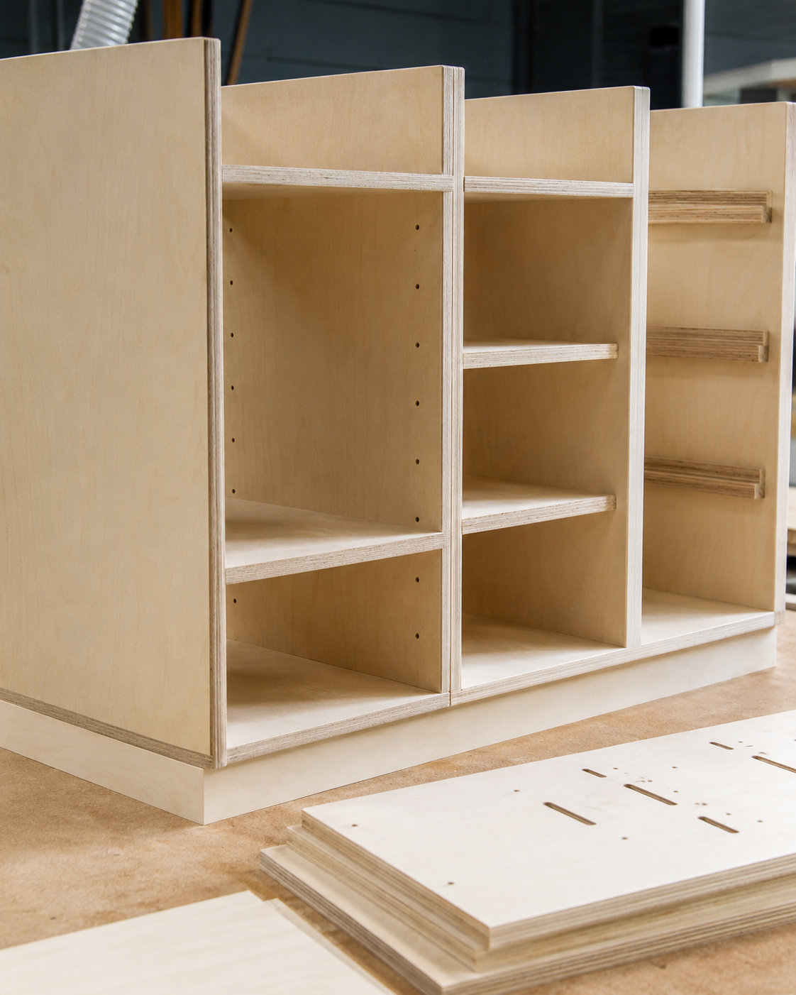 Unfinished wooden shelving unit with multiple compartments and a base, with several sheets of plywood placed on the floor nearby.