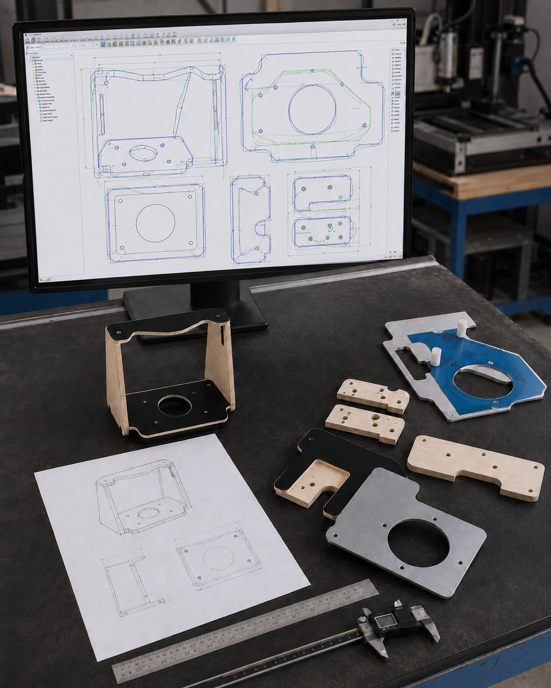 A computer monitor displaying technical drawings and CAD designs of metal and wooden parts. On the workbench below are several metal and wooden prototypes, technical drawings, and a digital caliper for precise measurements.