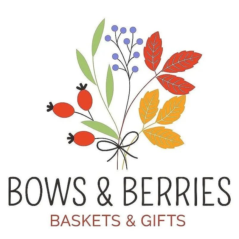 Illustration of various colorful leaves, berries, and flowers with a bow at the center. Text reads "BOWS & BERRIES BASKETS & GIFTS."