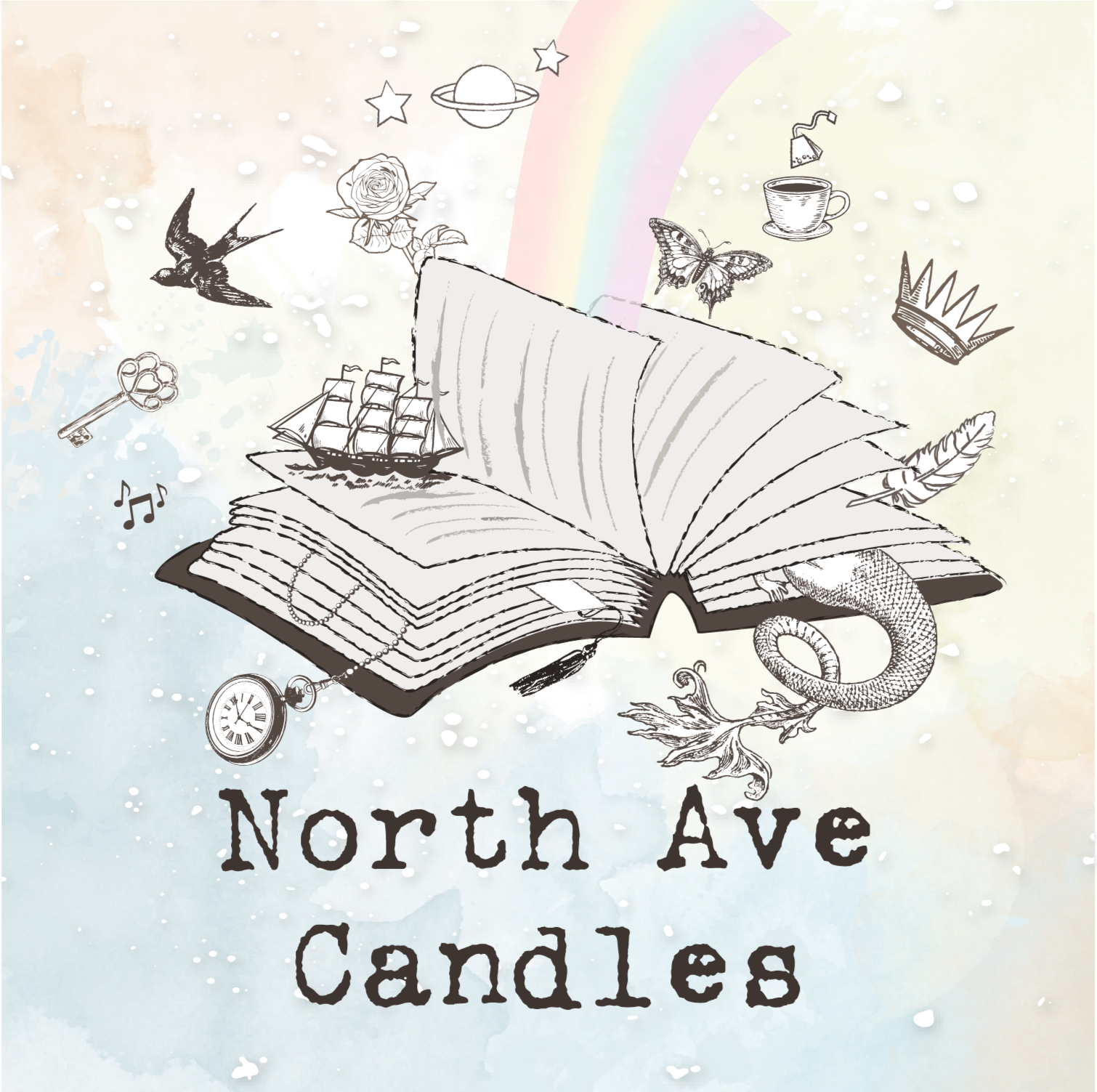 Artistic illustration with an open book, a sailing ship, a clock, a key, a pearl necklace, a feather, a snake, a rose, a hummingbird, a butterfly, a cup, a crown, a planet with stars, and a rainbow, with the text 'North Ave Candles' at the bottom.
