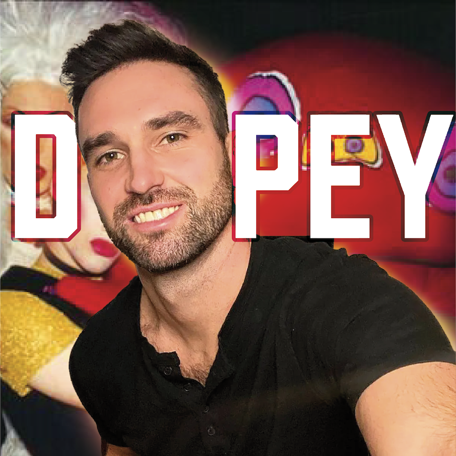 A man, Carl Radke, with dark hair and a beard taking a selfie in front of a background with a club kid image and large text that reads "DOPEY."