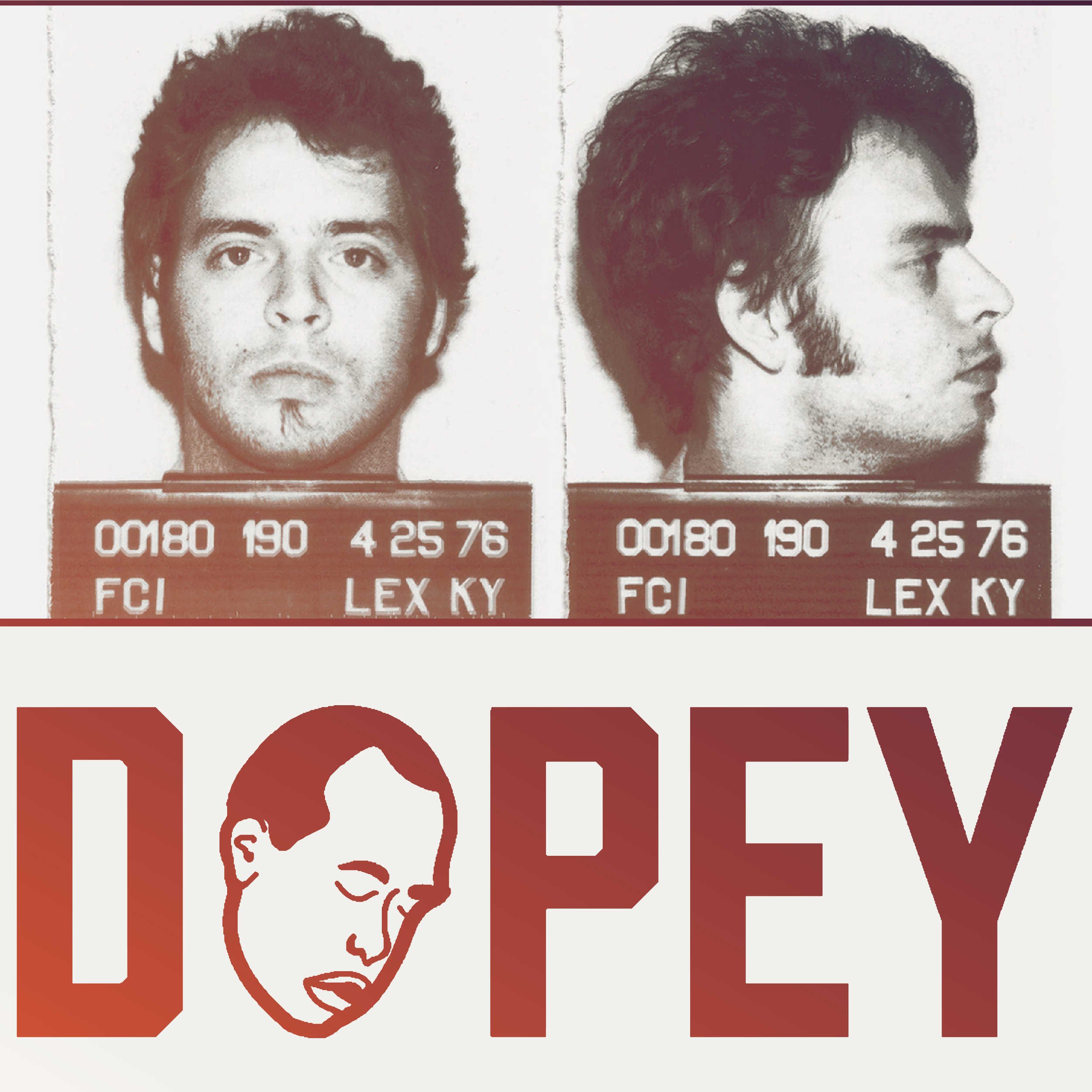 A vintage mugshot of a man with short, slightly curly hair, facing forward and in profile, with the word 'DOPEY' in bold letters and an illustrated face of a sad person replacing the letter 'O'.
