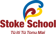 Logo of Stoke School, featuring a colorful stylized flame above the text 'Stoke School' and the motto 'To Nai To Tanu Mai'.