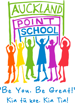 Colorful illustration of six children holding up signs that read 'Auckland,' 'Point,' and 'School,' with the message 'Be You. Be Great! Kia Tu Koe. Kia Tio!' at the bottom.
