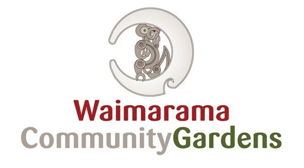 Waimarama Community Gardens logo with an abstract seahorse design above the text.