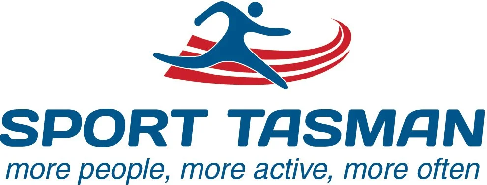 Logo for Sport Tasman featuring a stylized figure in blue jumping over red curved lines, with the tagline "more people, more active, more often."
