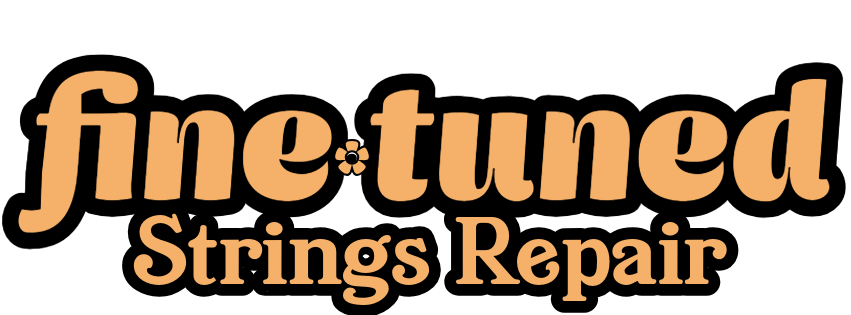 Logo for Fine Tuned Strings Repair with black background and peach-colored text