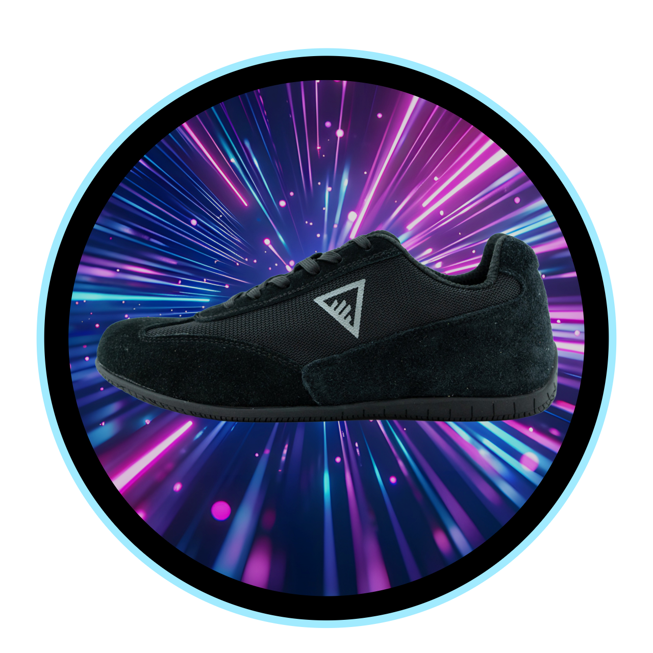Black athletic shoe with geometric logo on side, set against a colorful digital burst background with bright streaks of pink, purple, and blue light.