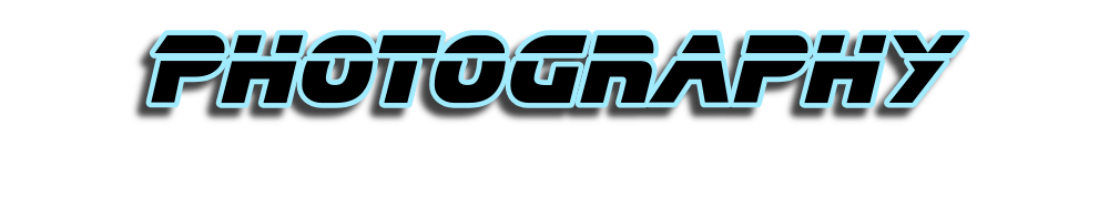 The word 'PHOTOGRAPHY' in blue neon-style text on a black background.