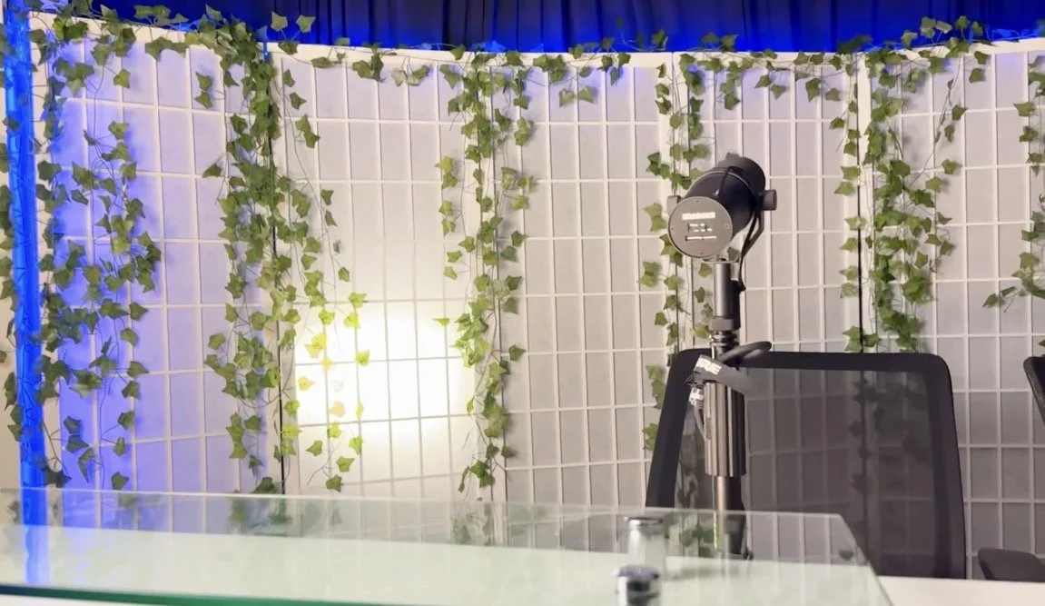 A recording studio with a white grid wall decorated with hanging green ivy plants and a microphone on a stand, with a black office chair in front of it.