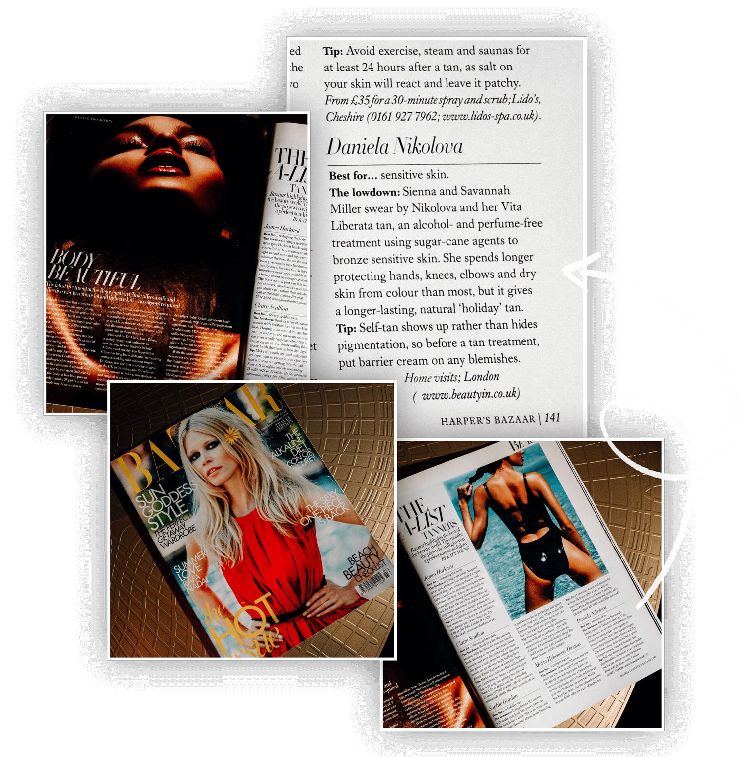 A photo of Harper’s Bazaar magazine showing an article about top 6 tanner in London  Daniela Nikolova  and her Vita Liberata tan, trusted by Sienna and Savannah Miller.