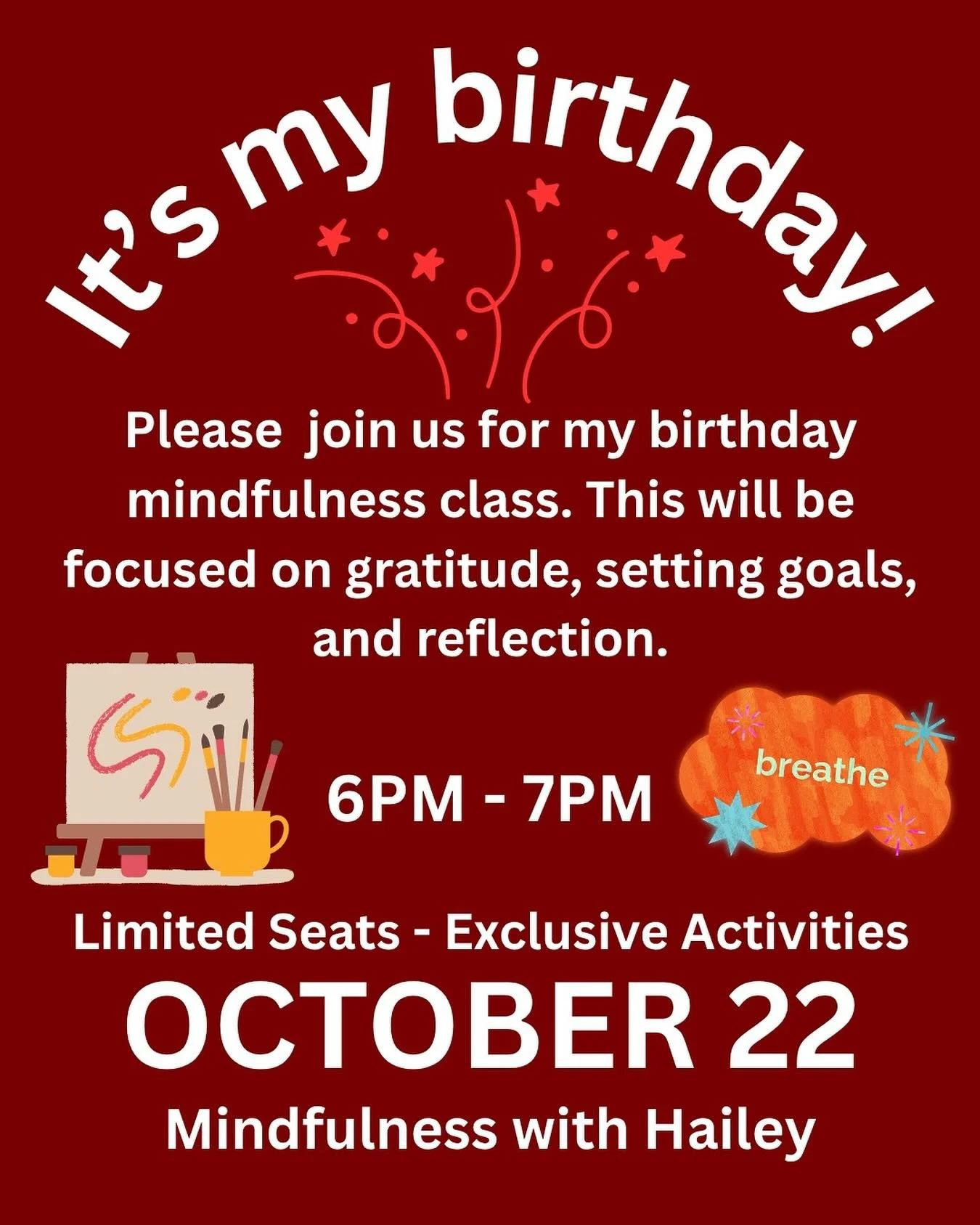 Join me for my birthday!!! 
October 22 💗 6pm-7pm
A mindfulness class that will be extra special to me. It would be an honor if you came.

#mindfulness #meditation #gratitude #reflection #settinggoals #sudbury #ontario