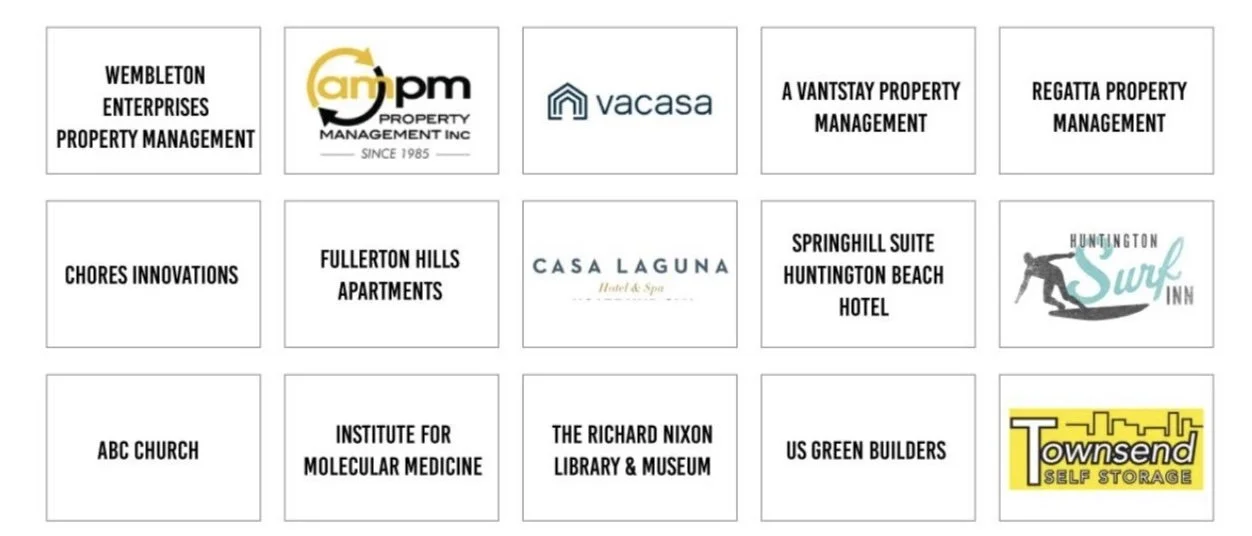 Collage of 15 business logos, including property management, real estate, hotel, surf inn, church, medical, library, builders, and storage companies.