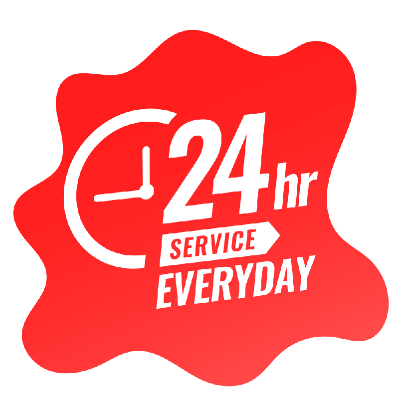 Red badge with white clock icon and bold text stating '24 hr SERVICE EVERYDAY.'