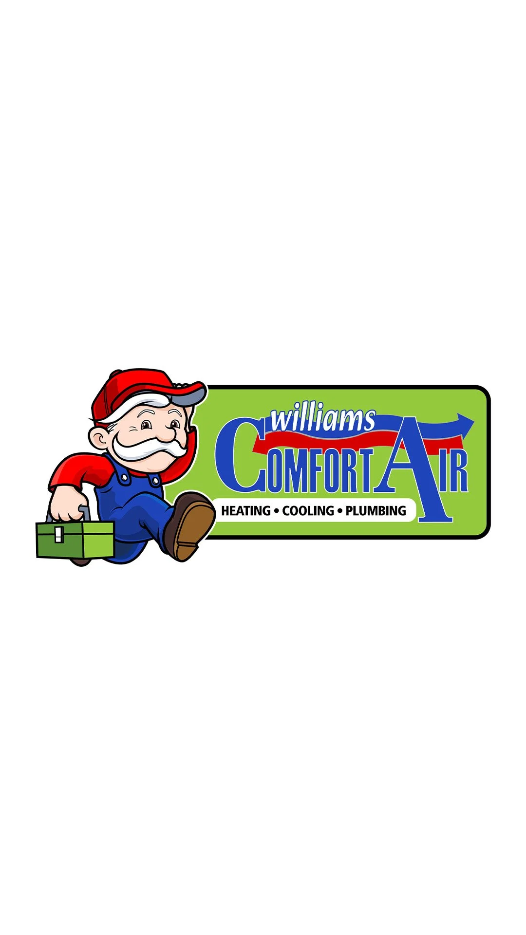 A cartoon logo for Williams Comfort Air featuring a cheerful plumber with a toolbox walking, with the company's name and services: heating, cooling, and plumbing.