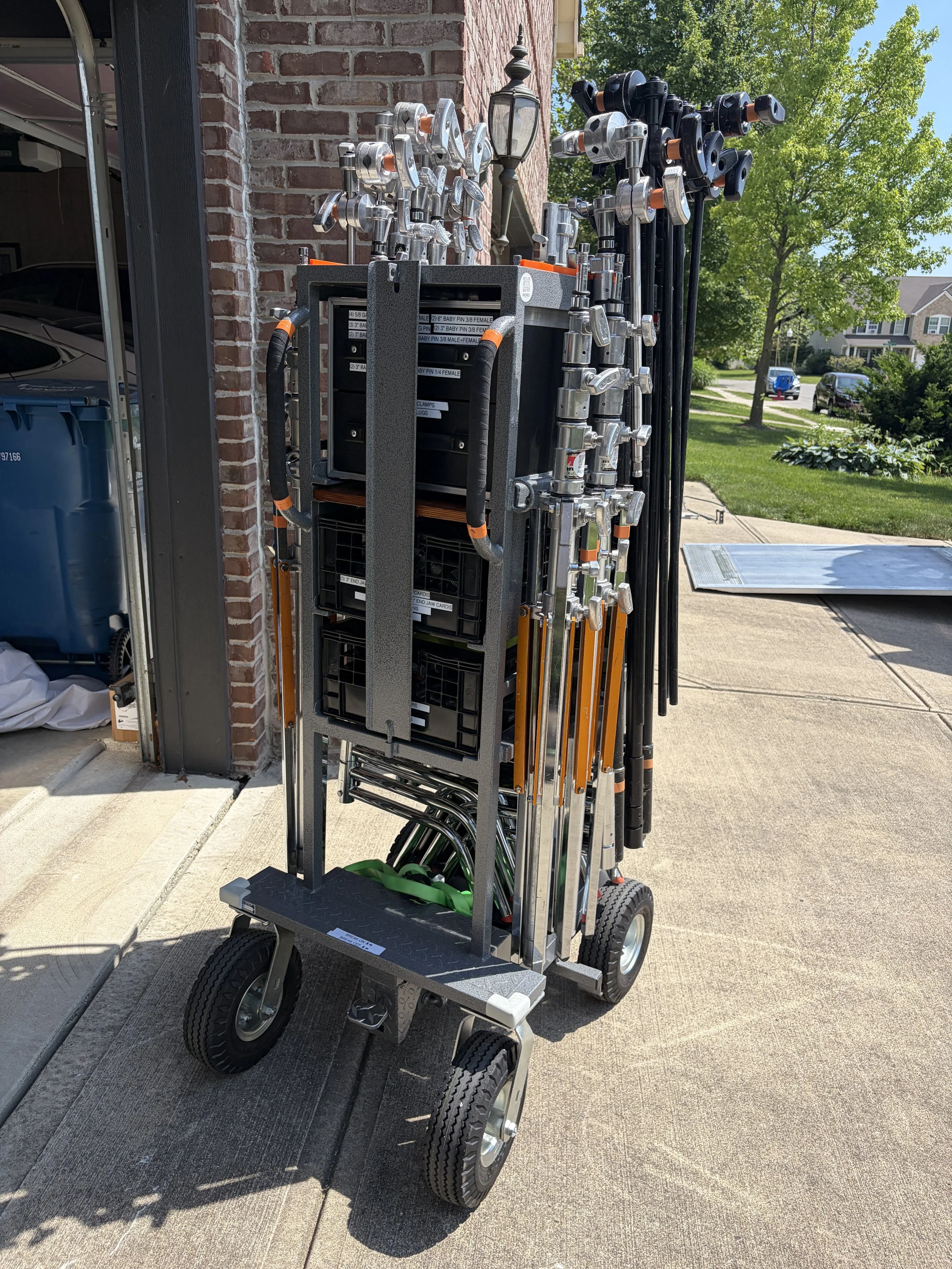 studio carts C stand cart with matthews c stands, beefy baby stands, low boys combos, and slider stands