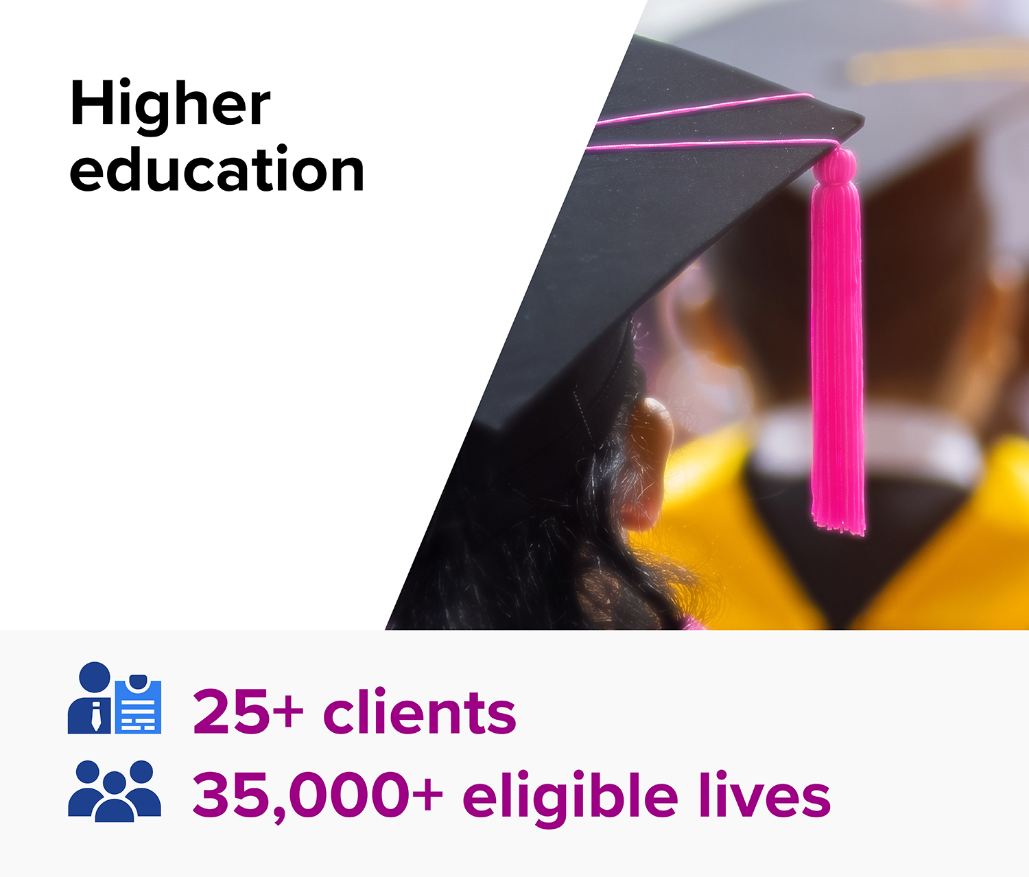 Higher education. 25+ clients, 35,000+ eligible lives