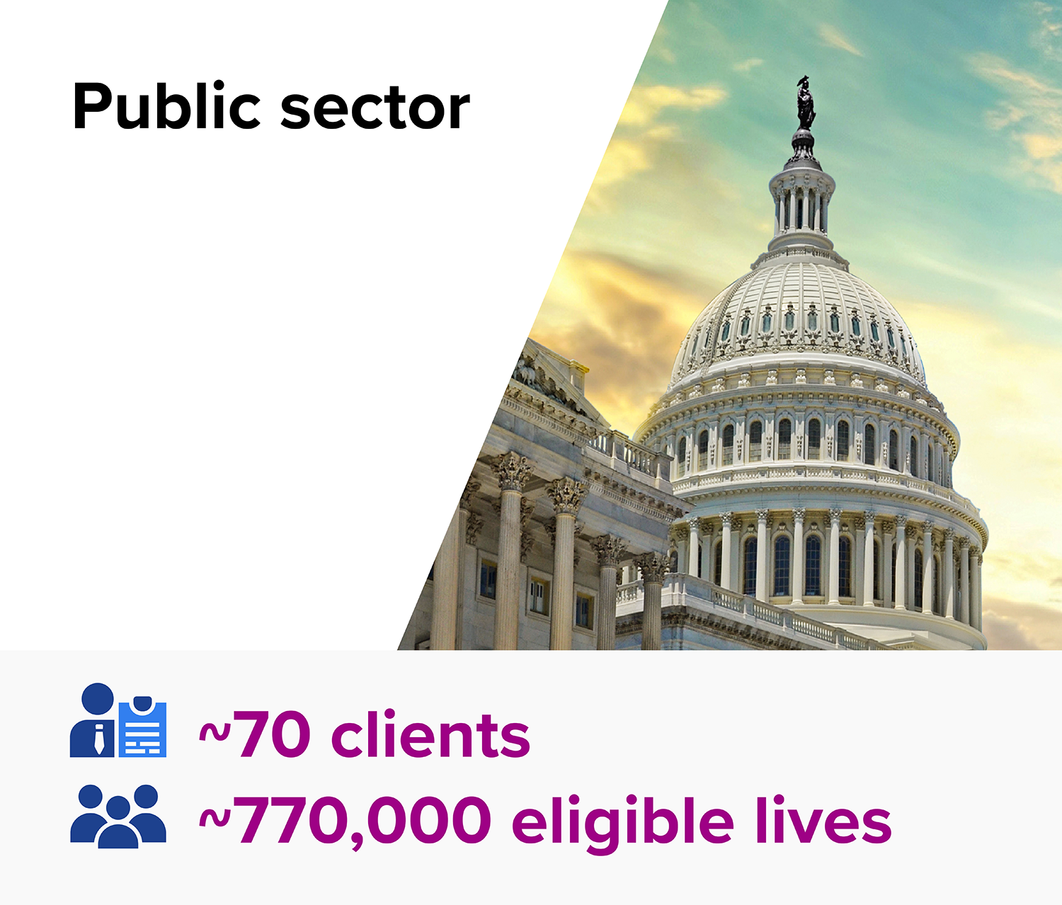 Public sector. ~70 clients, ~770,000 eligible lives