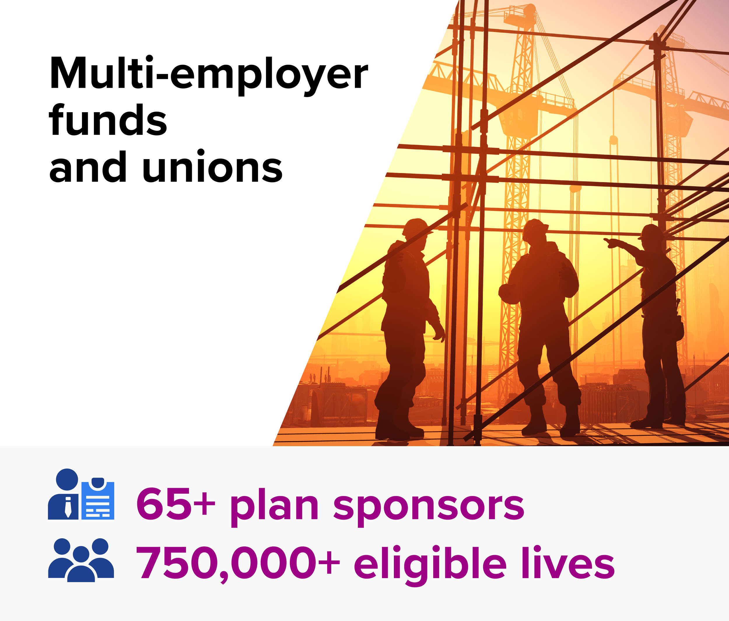 Multi-employer funds and unions. 65+ plan sponsors, 750,000+ eligible lives