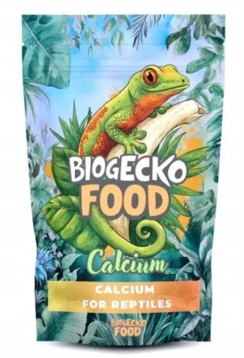 Package of Biogecko Food calcium supplement for reptiles with a green chameleon illustration and jungle background.
