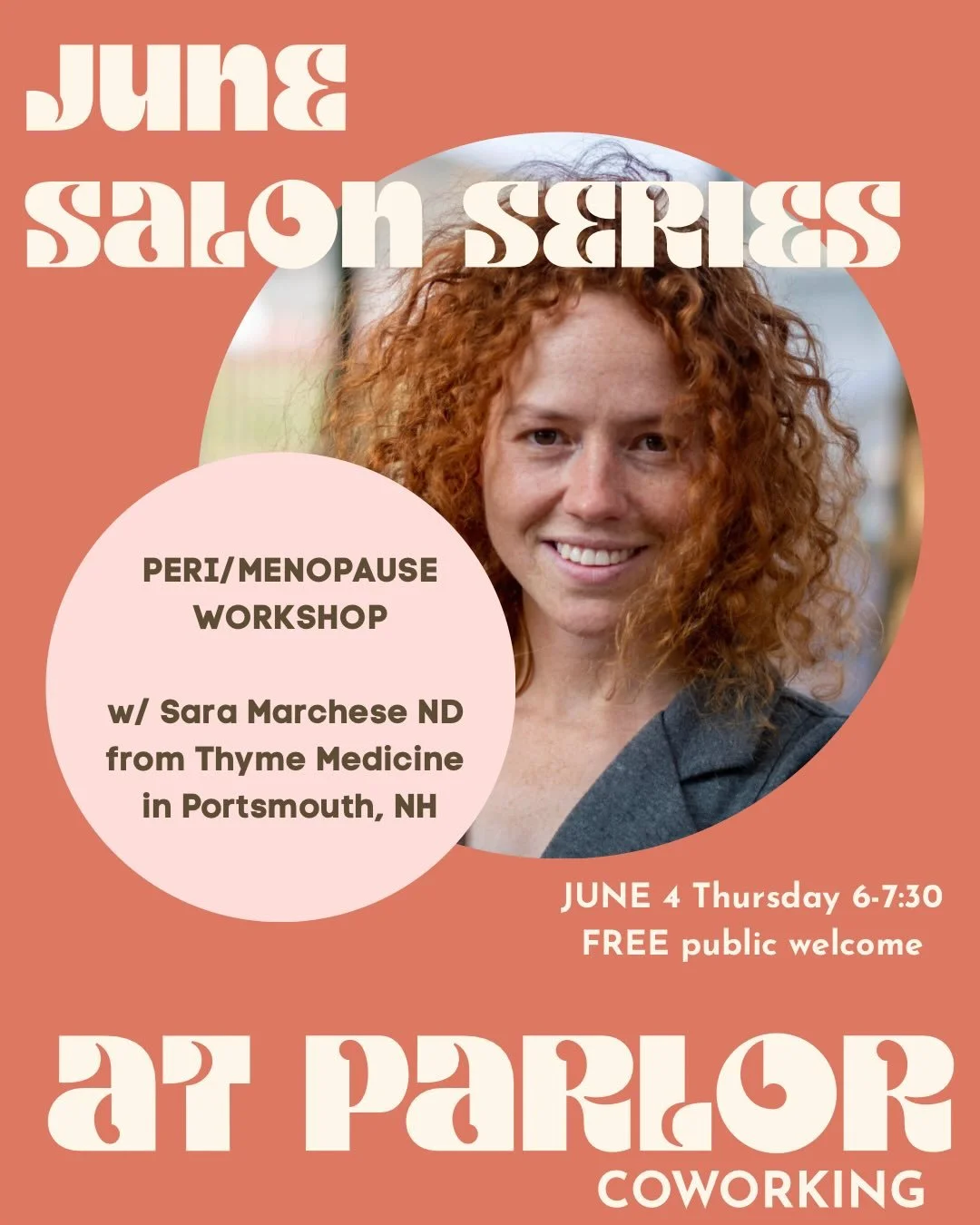Free! 
Open to women of the public!
With @thymemedicine 
RSVP by texting 603-866-6178 or email us at parlorcoworking@gmail.com or send us a DM