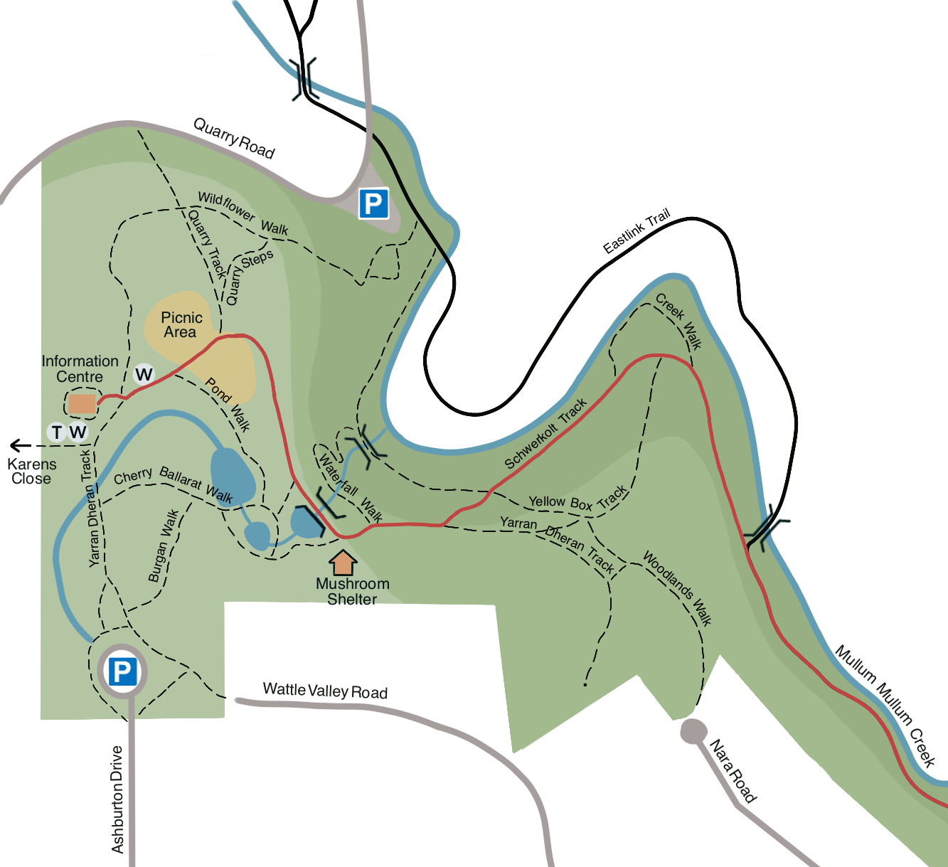 Map of a park with walking trails.