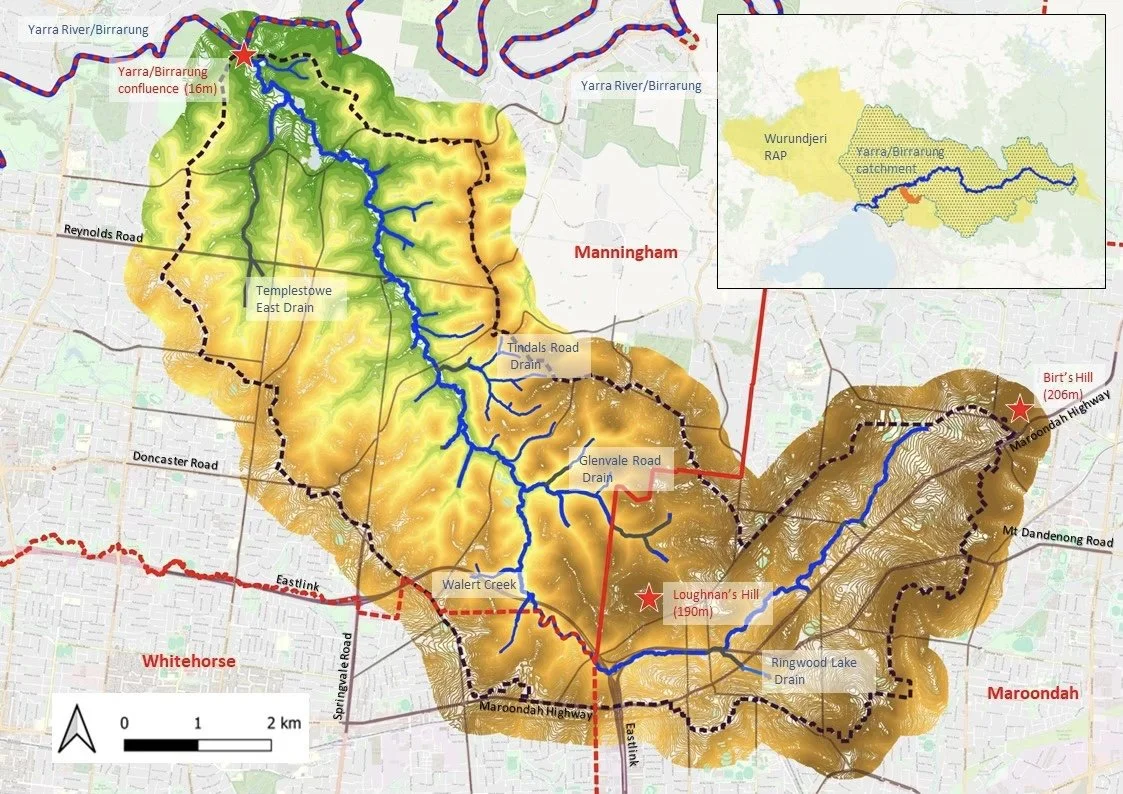 A detailed topographic map showing the Yarra River/Birrarrung, its tributaries, and surrounding areas. It highlights various drainage basins, hill peaks, and major roads, including Maroondah Highway and Doncaster Road. The map marks three significant hills: Birt's Hill (206m), Loughnan's Hill (190m), and a confluence point at 16m.