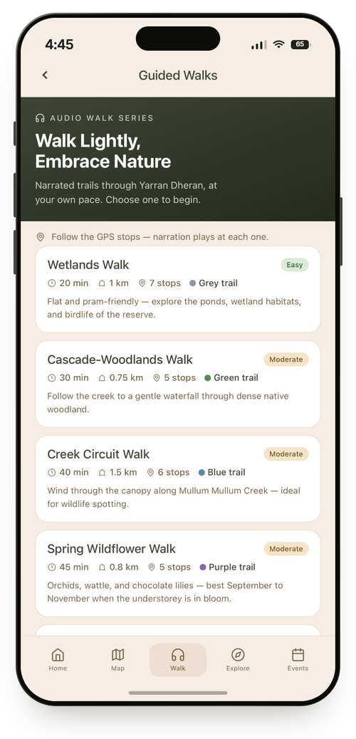 The Walk Lightly, Embrace Nature series in the Yarran Dheran app, listing the narrated walks with their length, number of stops and trail colour.