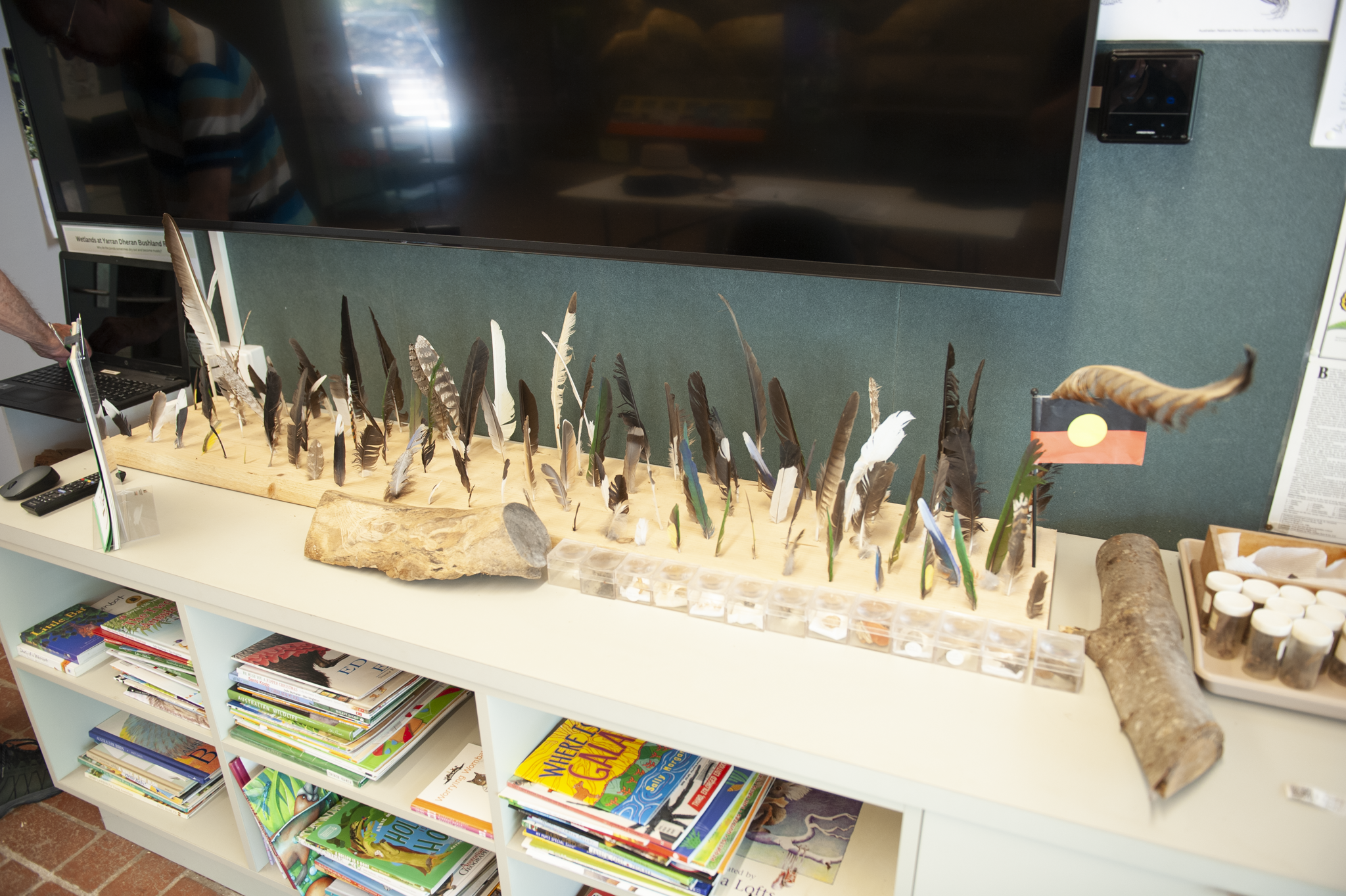 Display of various feathers and a small flag on a table in a classroom or exhibit setting.