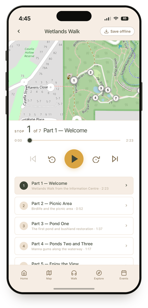 The Wetlands Walk in the Yarran Dheran app, showing the trail map with seven numbered stops, the audio player, and the list of narration parts.
