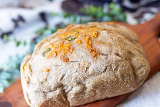 Jalapeño and cheddar sourdough loaf baked fresh using flour milled daily at The Flour & Flower Co.