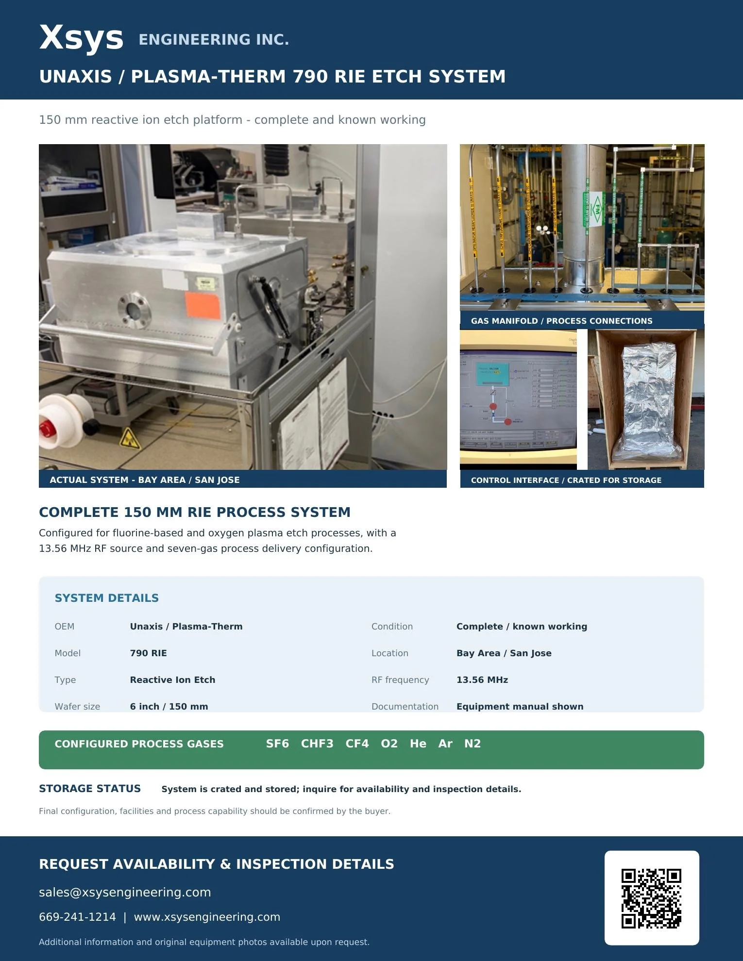 The Unaxis / Plasma-Therm 790 RIE is a complete, known-working reactive ion etch system configured for 6-inch (150 mm) wafers. The system features a 13.56 MHz RF source and process-gas configuration for SF6, CHF3, CF4, O2, He, Ar, and N2. Suitable fo