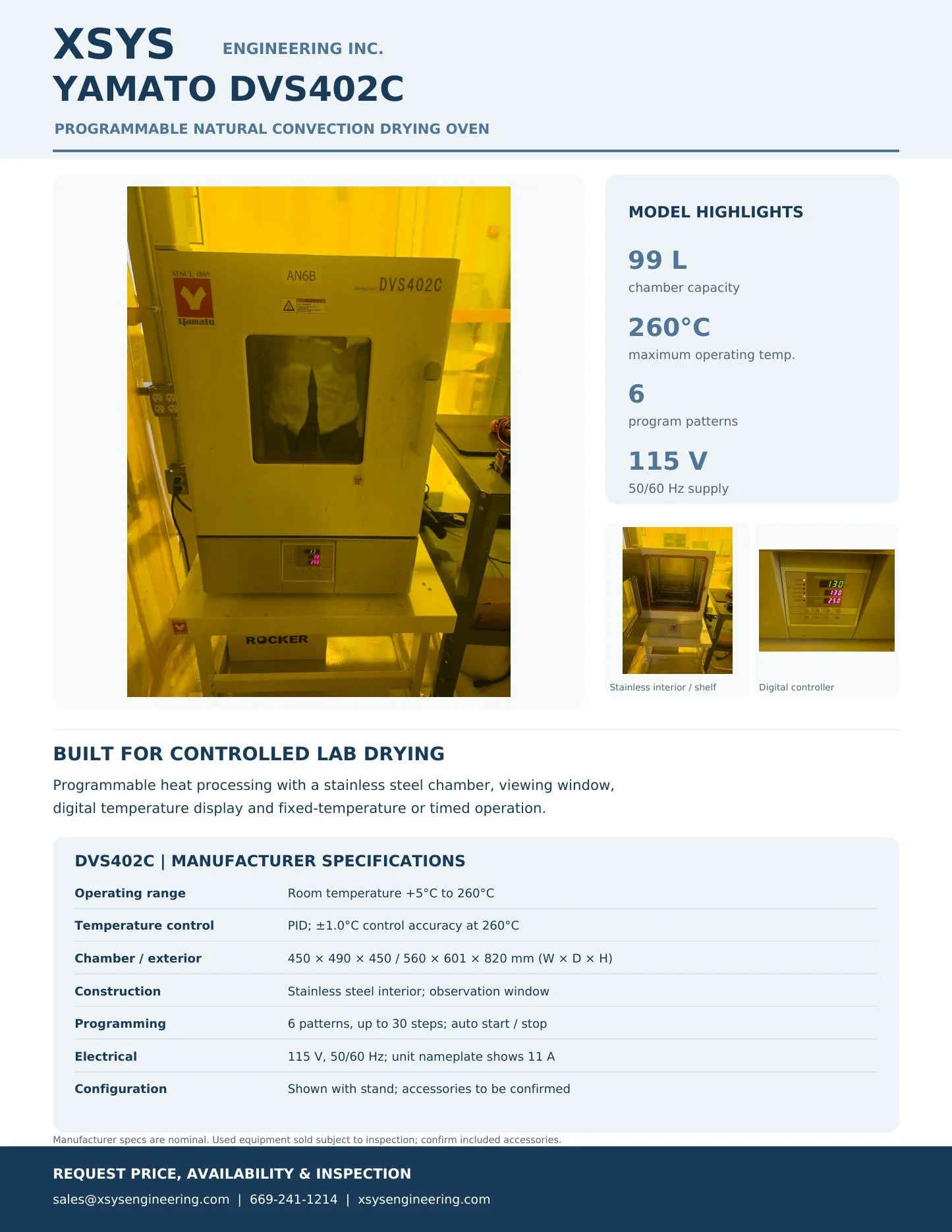 Yamato DVS402C programmable natural convection drying oven. 99 L stainless steel chamber; operating range ambient +5°C to 260°C; six program patterns with up to 30 steps; digital PID temperature control, observation window, and auto start/stop functi