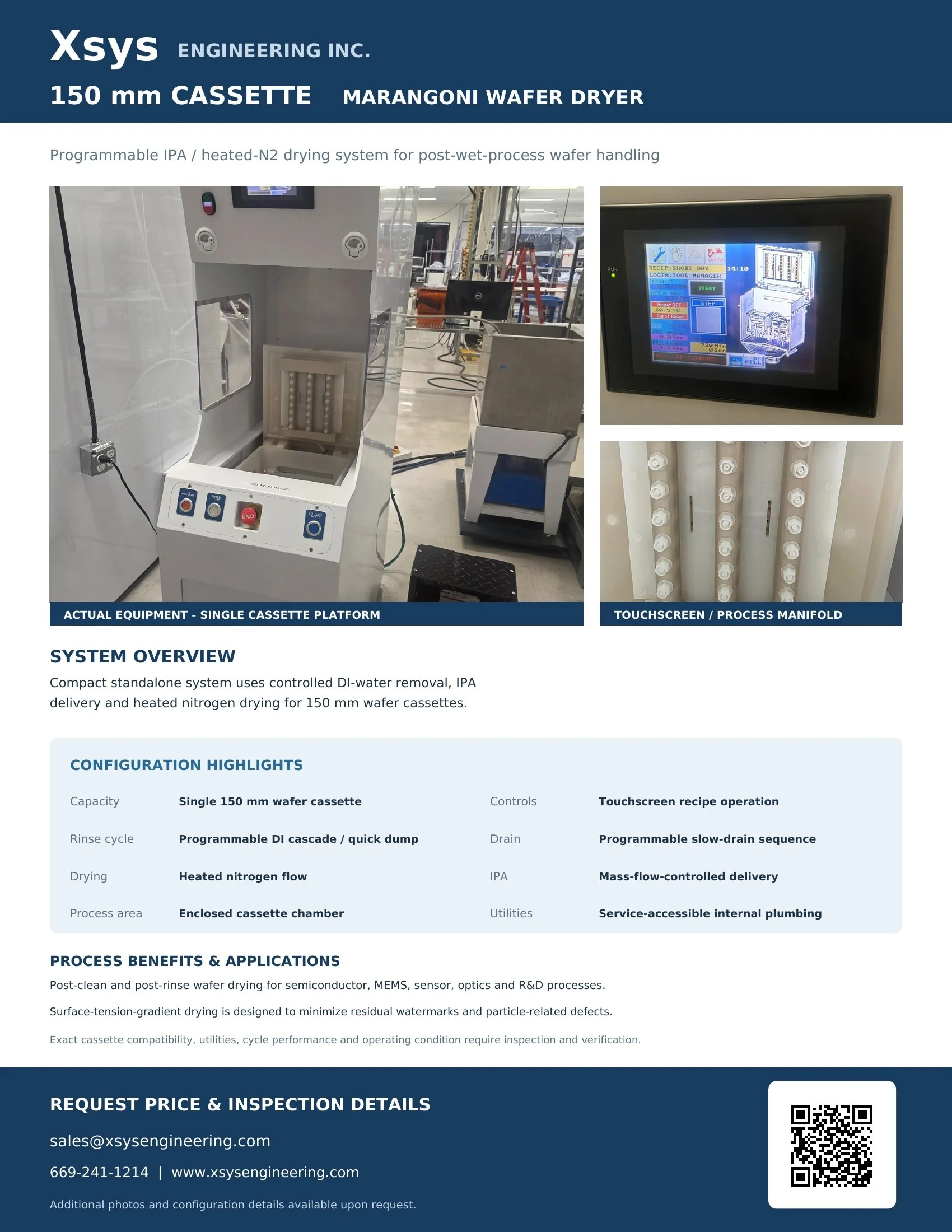 Single-cassette Marangoni wafer dryer configured for 150 mm wafers. Features touchscreen recipe control, programmable DI-water rinse and drain cycles, mass-flow-controlled IPA delivery, and heated nitrogen drying. Ideal for post-clean and post-rinse 