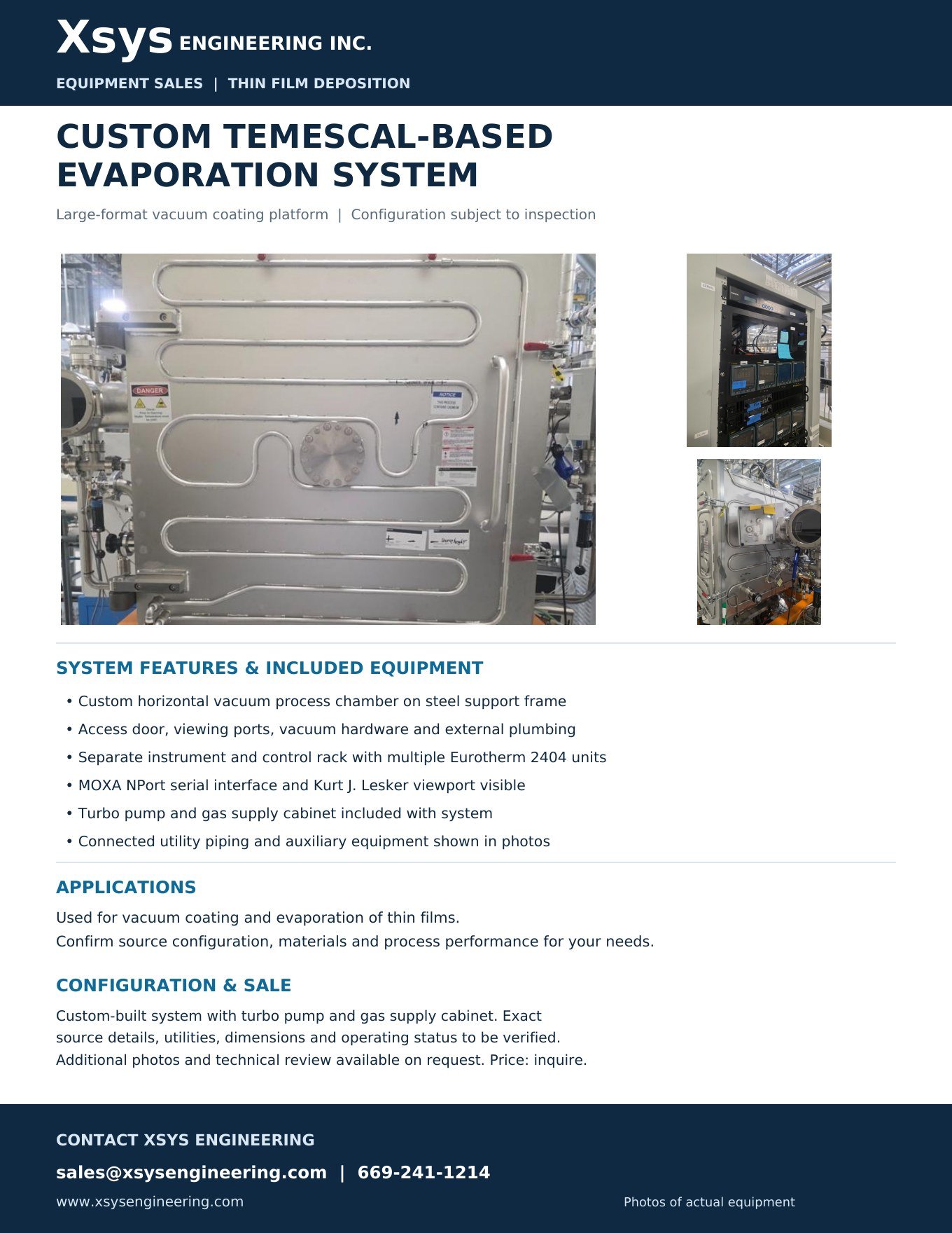 Temescal Based Evaporator System.  Vacuum Chamber Thin Film Deposition System.  Turbo Pump and Gas Supply Cabinet