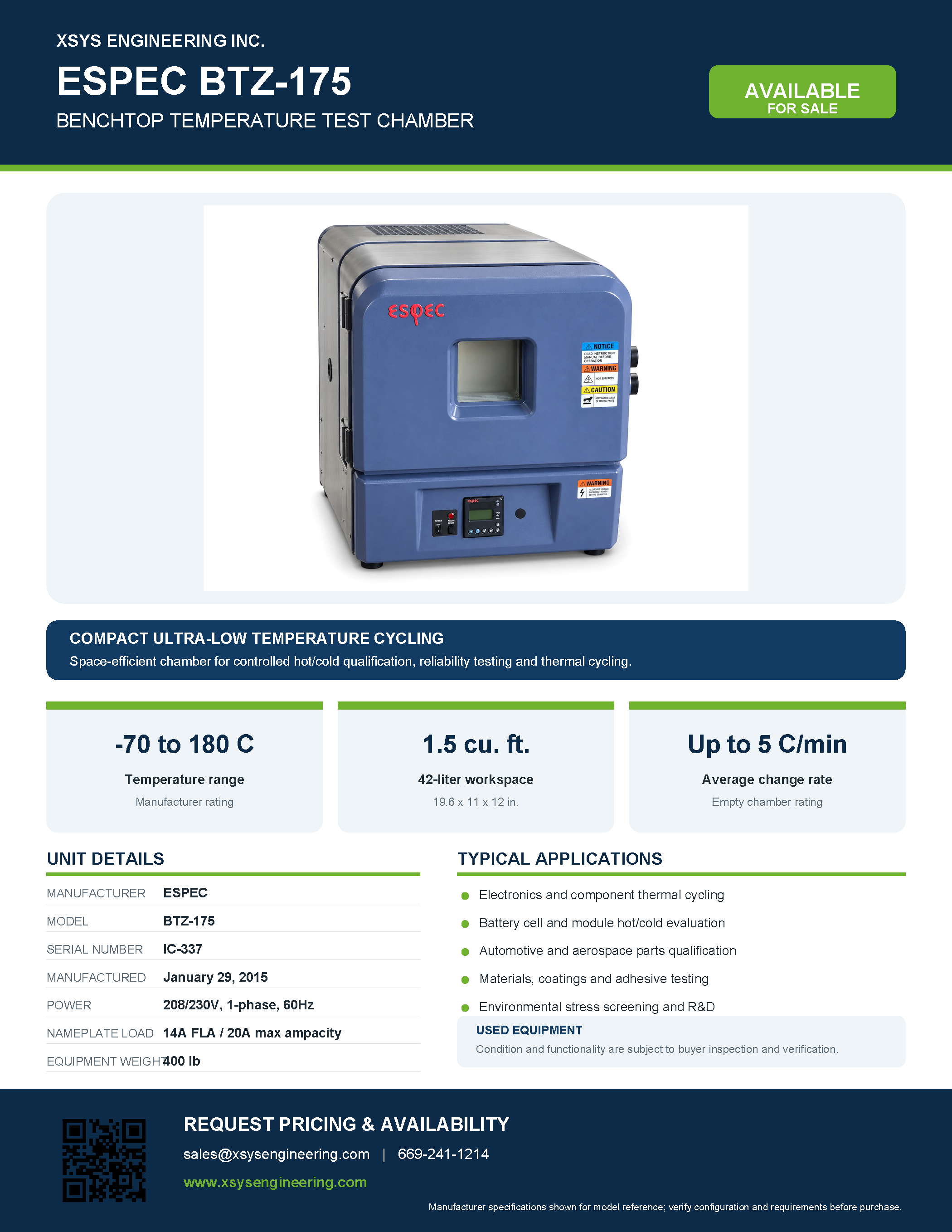 Espec BTZ-175 Benchtop Environmental Test Chamber.  Used to simulate hot and cold temperatures for product testing. 